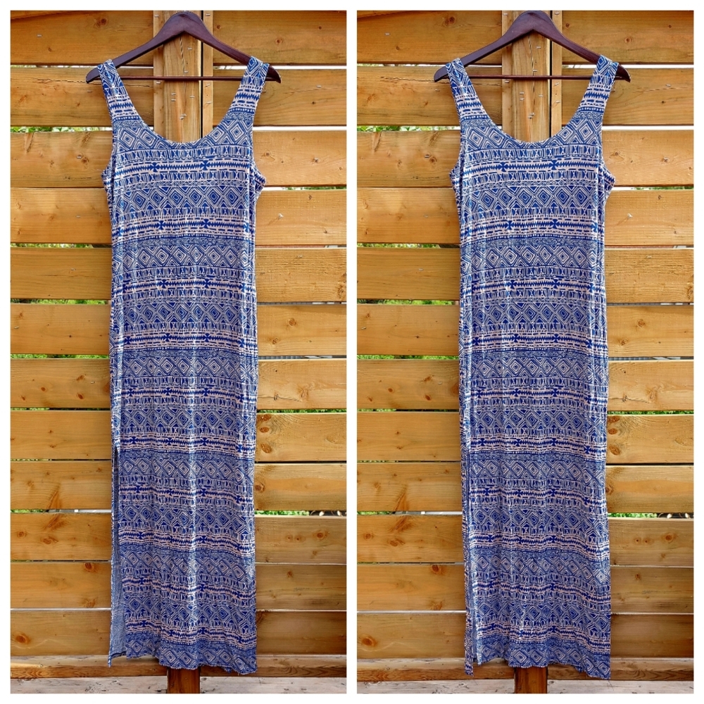 Poet blue & beige geometric side-slit maxi dress, XL, EUC